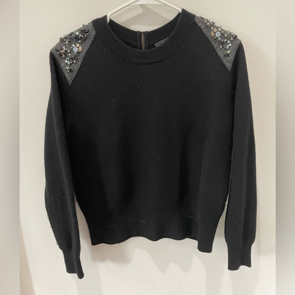 Black JCrew sweater with rhinestone and zip detail